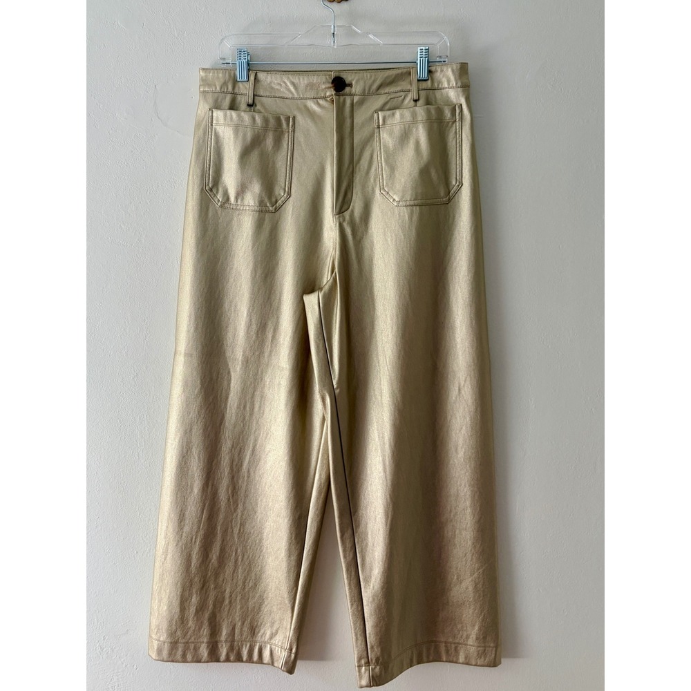 CeCe Metallic Gold Faux Leather Wide Leg Pants High Rise Size L